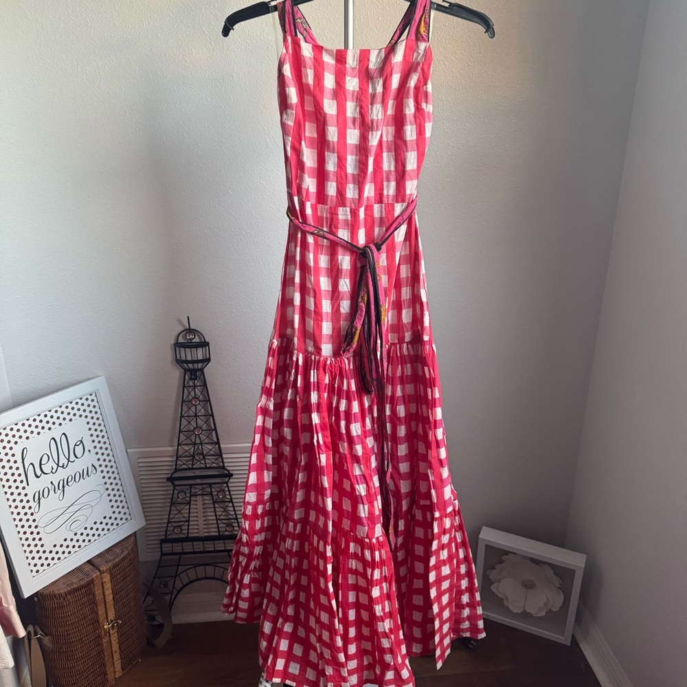NWT Mo Maya Runa Gingham Check and Leopard Strap Print Maxi Dress Sz XS - Picture 10 of 16